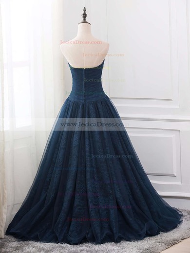Ball Gown Sweetheart Lace Tulle with Ruffles Floor-length Original Dark Navy Prom Dresses #JCD020103663