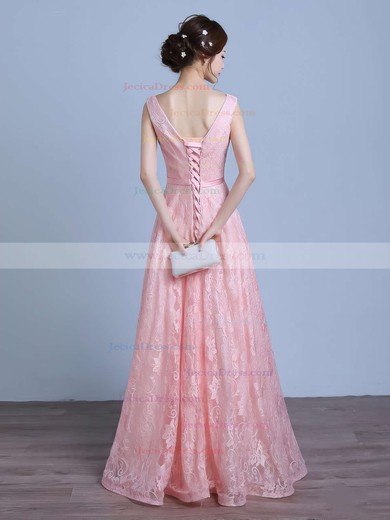 Sweet A-line V-neck Lace with Sashes / Ribbons Floor-length Long Prom Dresses #JCD020103667