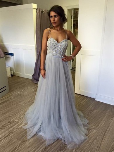 A-line Sweetheart Tulle with Beading Sweep Train Spaghetti Straps Beautiful Prom Dresses #JCD020103668