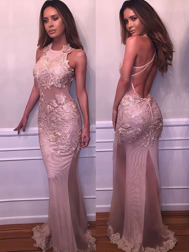 Trumpet/Mermaid Scoop Neck Tulle with Appliques Lace Floor-length Hot Backless Prom Dresses #JCD020103669