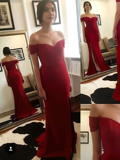 Red Trumpet/Mermaid Chiffon Split Front Sweep Train Simple Off-the-shoulder Prom Dresses #JCD020103671