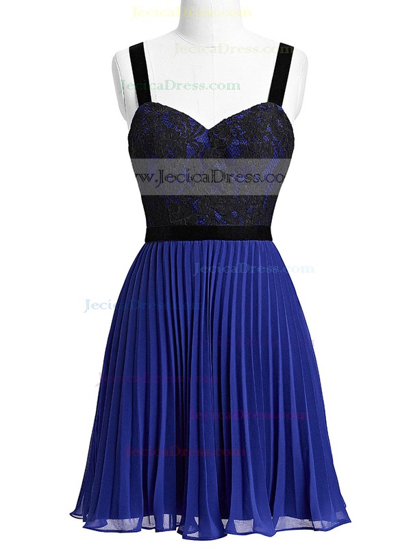 Royal Blue A-line V-neck Lace Chiffon with Pleats Cheap Short/Mini Prom Dresses #JCD020103675