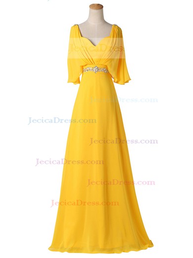 Custom Backless Yellow A-line V-neck Chiffon Beading Floor-length 1/2 Sleeve Prom Dresses #JCD020103676