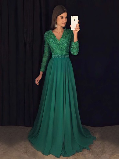V-neck A-line Chiffon with Appliques Lace Sweep Train Beautiful Long Sleeve Prom Dresses #JCD020103677