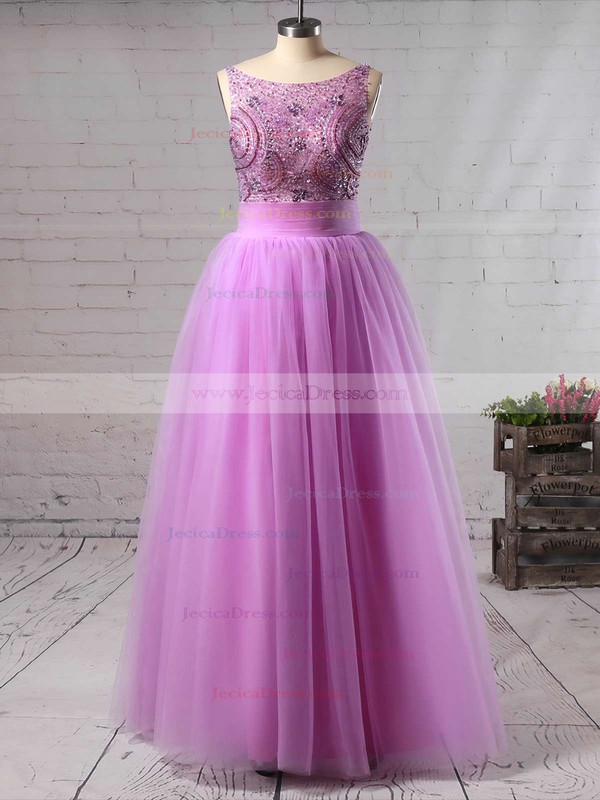 Glamorous A-line Scoop Neck Tulle with Beading Floor-length Backless Prom Dresses #JCD020103678