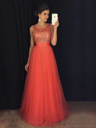 Glamorous A-line Scoop Neck Tulle with Beading Floor-length Backless Prom Dresses #JCD020103678