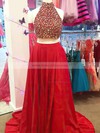 Open Back A-line High Neck Red Silk-like Satin Beading Sweep Train Fabulous Two Piece Prom Dresses #JCD020103680