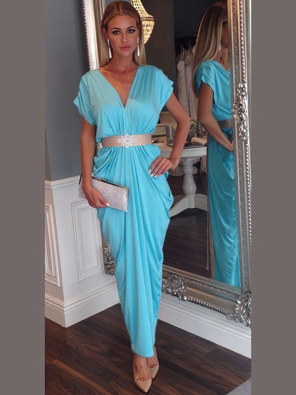 Ankle-length V-neck Blue Sheath/Column Jersey Sashes / Ribbons Backless Short Sleeve Informal Prom Dresses #JCD020103681