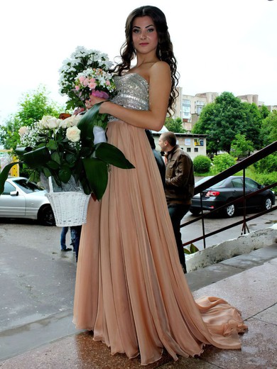 Perfect A-line Sweetheart Chiffon with Crystal Detailing Sweep Train Prom Dresses #JCD020103683