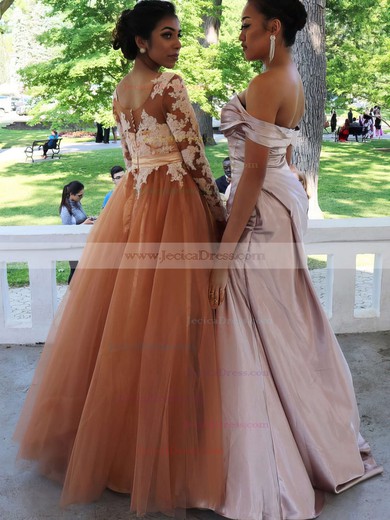 Scoop Neck Princess Tulle with Appliques Lace Floor-length Famous Long Sleeve Prom Dresses #JCD020103684