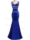 Elegant Trumpet/Mermaid V-neck Royal Blue Satin with Beading Floor-length Open Back Prom Dresses #JCD020103685