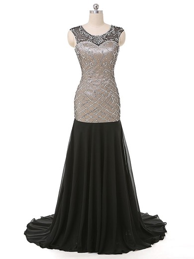 Black Trumpet/Mermaid Scoop Neck Chiffon Tulle with Sequins Sweep Train Modest Backless Prom Dresses #JCD020103686