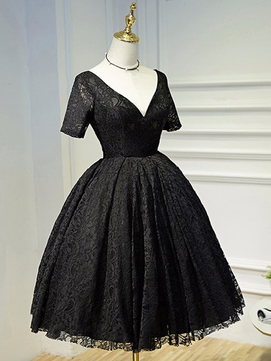 Vintage Short/Mini A-line V-neck Lace Ruffles Short Sleeve Backless Black Prom Dresses #JCD020103687