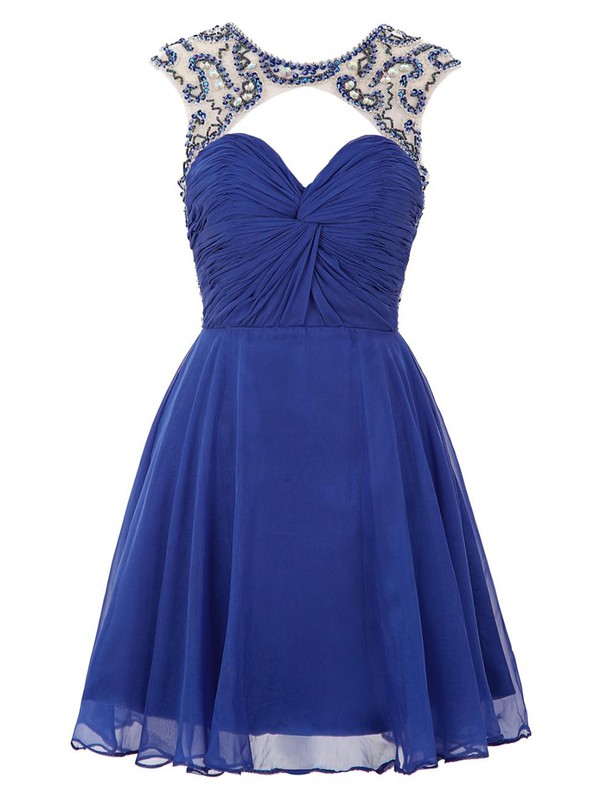 Cheap Open Back A-line Scoop Neck Royal Blue Chiffon Tulle with Beading Short/Mini Prom Dresses #JCD020103689