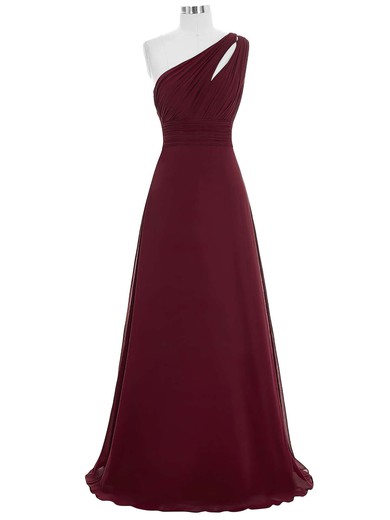 A-line Burgundy Ruffles Chiffon Floor-length Affordable One Shoulder Prom Dresses #JCD020103690
