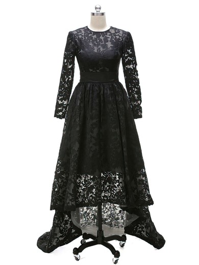 Modest Asymmetrical A-line Scoop Neck Black Lace Sashes / Ribbons High Low Long Sleeve Prom Dresses #JCD020103691