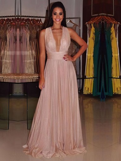 A-line V-neck Chiffon with Ruffles Floor-length Amazing Open Back Prom Dresses #JCD020103692