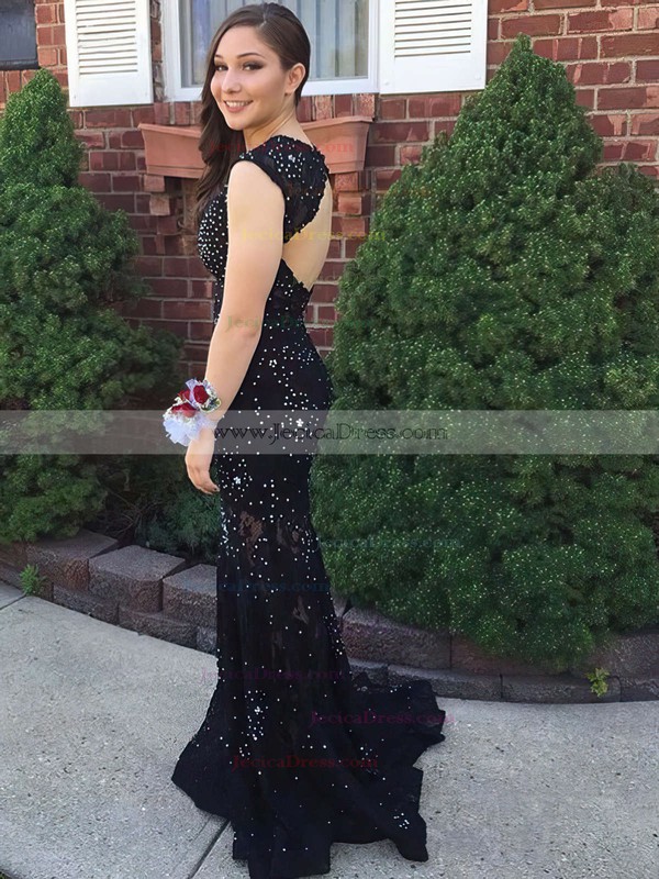 Classy Scoop Neck Sheath/Column Lace with Beading Sweep Train Black Open Back Prom Dresses #JCD020103693