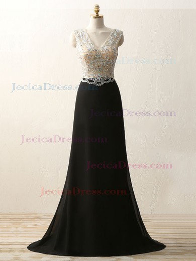 Fashion A-line V-neck Black Chiffon Tulle with Beading Sweep Train Open Back Prom Dresses #JCD020103695