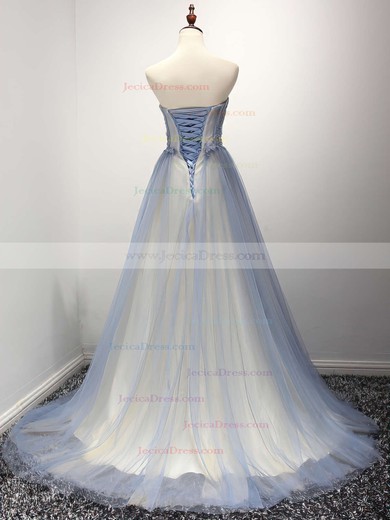 Inexpensive Princess Tulle with Appliques Lace Sweep Train Strapless Prom Dresses #JCD020103696