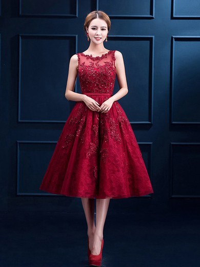 Online A-line Scoop Neck Lace Tulle with Appliques Lace Burgundy Tea-length Prom Dresses #JCD020103698