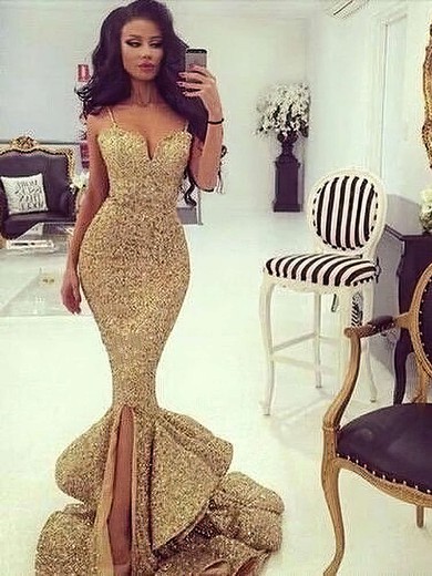 Trumpet/Mermaid V-neck Sequined with Split Front Sweep Train Stunning Gold Prom Dresses #JCD020103699