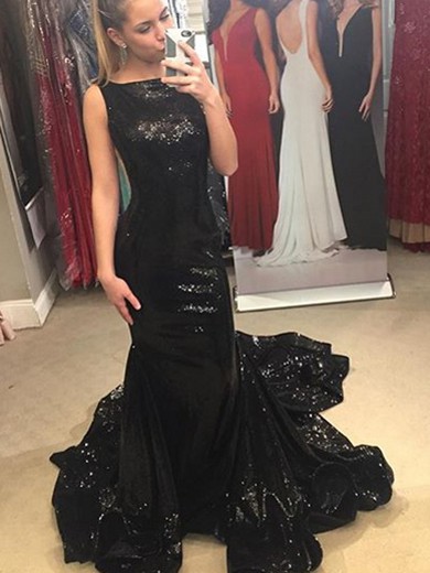 Boutique Black Trumpet/Mermaid Scoop Neck Ruffles Sequined Court Train Backless Prom Dresses #JCD020103700