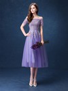 Tea-length A-line Off-the-shoulder Tulle with Appliques Lace Nice Short Sleeve Prom Dresses #JCD020103701