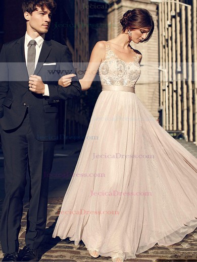 New Style A-line Scoop Neck Tulle with Appliques Lace Floor-length Prom Dresses #JCD020103702
