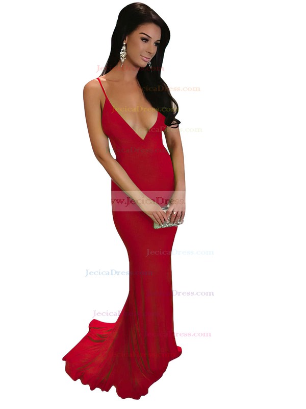 Sheath/Column V-neck Ruffles Jersey Sweep Train Burgundy Backless Hot Prom Dresses #JCD020103703