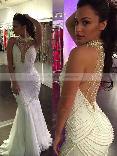 New Arrival Trumpet/Mermaid Tulle with Pearl Detailing Sweep Train High Neck Prom Dresses #JCD020103704