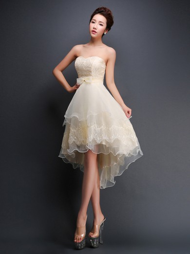 Asymmetrical A-line Sweetheart Tulle Lace with Bow Lace-up Prettiest High Low Prom Dresses #JCD020103705