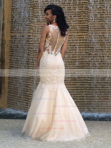 Perfect Scoop Neck Ivory Tulle with Appliques Lace Floor-length Trumpet/Mermaid Prom Dresses #JCD020103706