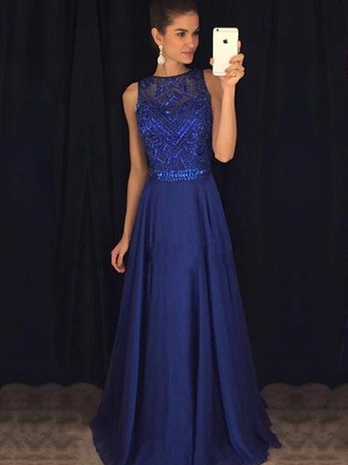 Classy A-line Scoop Neck Royal Blue Chiffon Tulle with Beading Floor-length Open Back Prom Dresses #JCD020103708
