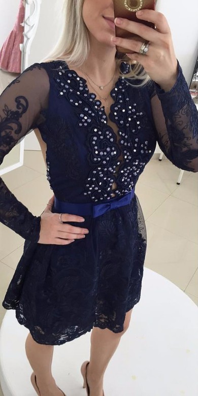 Dark Navy A-line Scoop Neck Lace Tulle with Beading New Short/Mini Long Sleeve Prom Dresses #JCD020103709