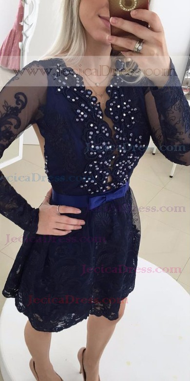 Dark Navy A-line Scoop Neck Lace Tulle with Beading New Short/Mini Long Sleeve Prom Dresses #JCD020103709