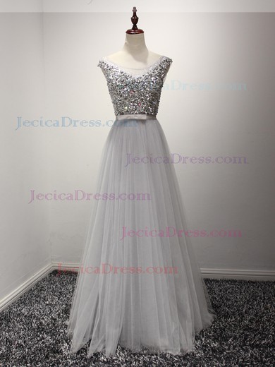 Latest A-line Scoop Neck Tulle with Sashes / Ribbons Floor-length Long Prom Dresses #JCD020103711
