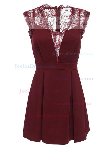 Burgundy A-line V-neck Lace Satin with Ruffles Informal Short/Mini Prom Dresses #JCD020103712