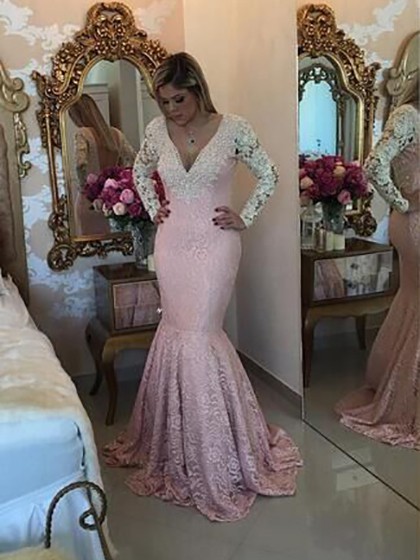 Backless Trumpet/Mermaid V-neck Pink Lace Pearl Detailing Sweep Train Top Long Sleeve Prom Dresses #JCD020103715