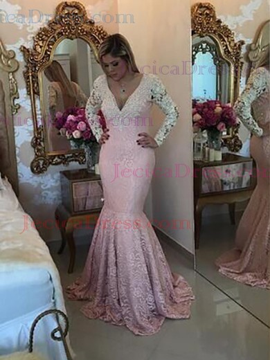 Backless Trumpet/Mermaid V-neck Pink Lace Pearl Detailing Sweep Train Top Long Sleeve Prom Dresses #JCD020103715