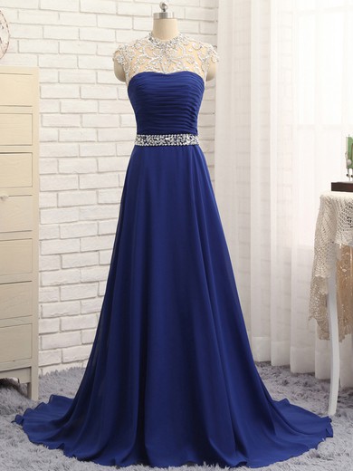 Original High Neck A-line Royal Blue Tulle Chiffon Beading Sweep Train Open Back Prom Dresses #JCD020103717