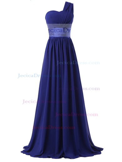 A-line Royal Blue Chiffon with Ruffles Floor-length Wholesale One Shoulder Prom Dresses #JCD020103718