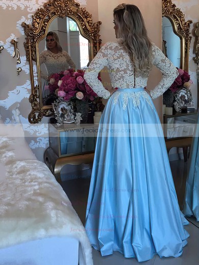 Elegant Royal Blue A-line Scoop Neck Satin Tulle Appliques Lace Floor-length Long Sleeve Prom Dresses #JCD020103719