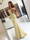 Latest Off-the-shoulder Trumpet/Mermaid Tulle Silk-like Satin Appliques Lace Sweep Train Backless Prom Dresses #JCD020103721