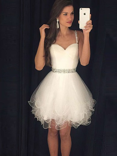 Ivory A-line Sweetheart Tulle with Beading Cute Short/Mini Prom Dresses #JCD020103722