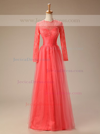 A-line Scoop Neck Tulle with Ruffles Floor-length Promotion Long Sleeve Prom Dresses #JCD020103725