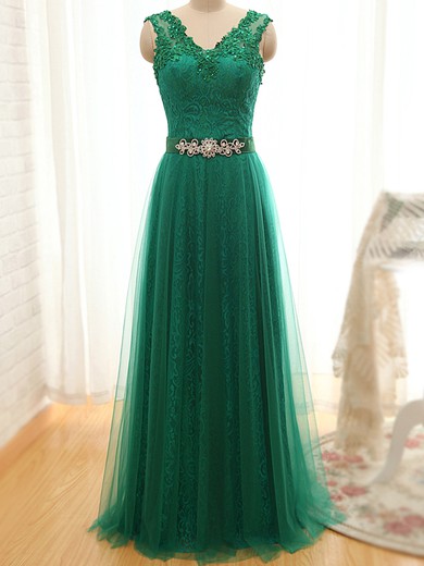 Graceful A-line Lace Tulle with Appliques Lace V-neck Floor-length Long Prom Dresses #JCD020103726