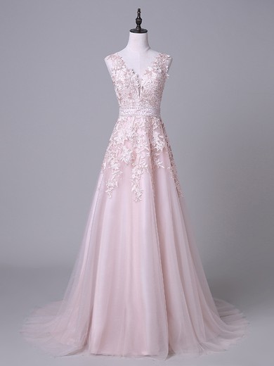 Princess V-neck Pink Tulle with Appliques Lace Court Train Sweet Backless Prom Dresses #JCD020103727