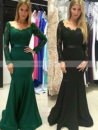 Trumpet/Mermaid Off-the-shoulder Silk-like Satin Appliques Lace Sweep Train Boutique Long Sleeve Prom Dresses #JCD020103731