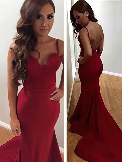 Trumpet/Mermaid Burgundy Sweetheart Silk-like Satin Appliques Lace Court Train Sexy Backless Prom Dresses #JCD020103733